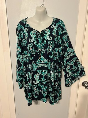 NWT JM Collection Intrepid Blue Floral Multi Top with Shoestring Neckline Plus4X