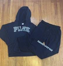 Victoria's Secret PINK Black Campus Sweatsuit Hoodie Sweatpants 2 Piece Set L