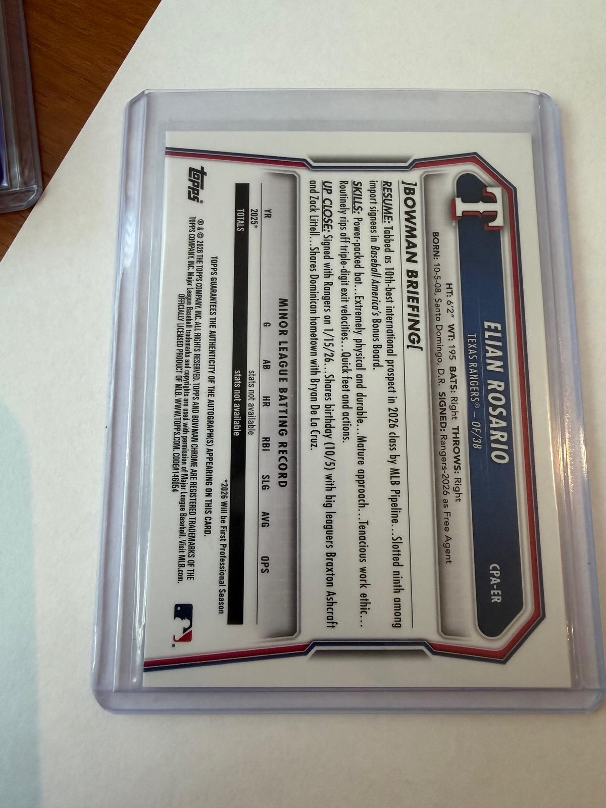 2026 Bowman Chrome Elian Rosario Prospect Autographs Mini-Diamond Refractor /100 view 2