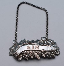 Two Toned Gin Decanter Label Silver Plate Grape and Leaves Design