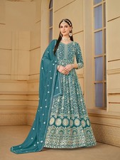 Teal Green Faux Georgette Embroidered Anarkali Gown with Dupatta  Festive Fashi