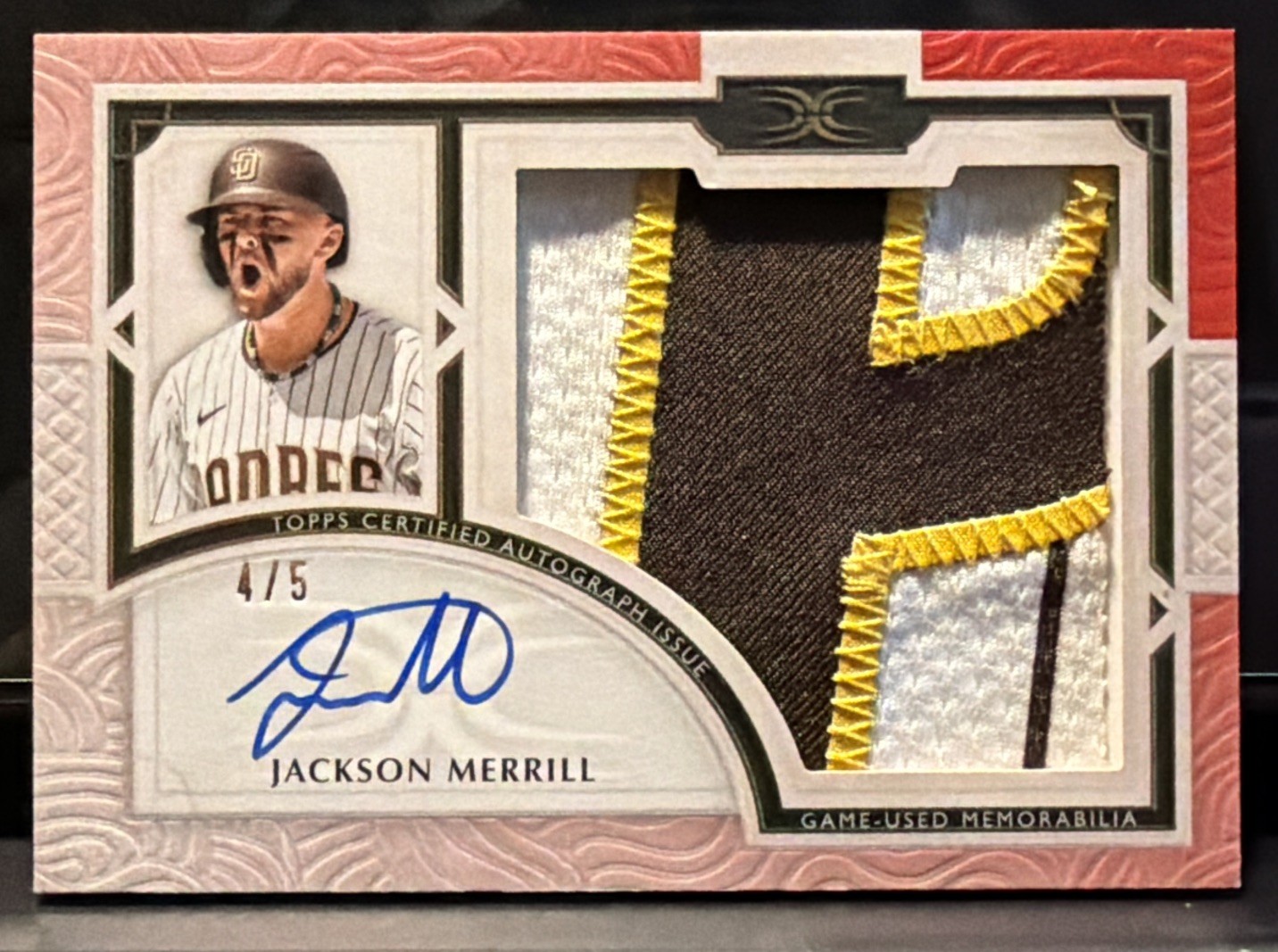 JACKSON MERRILL 2025 TOPPS DEFINITIVE COLL #ARC-JM GAME-USED PATCH AUTO RED 4/5
