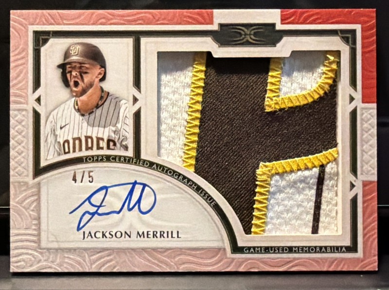 JACKSON MERRILL 2025 TOPPS DEFINITIVE COLL #ARC-JM GAME-USED PATCH AUTO RED 4/5