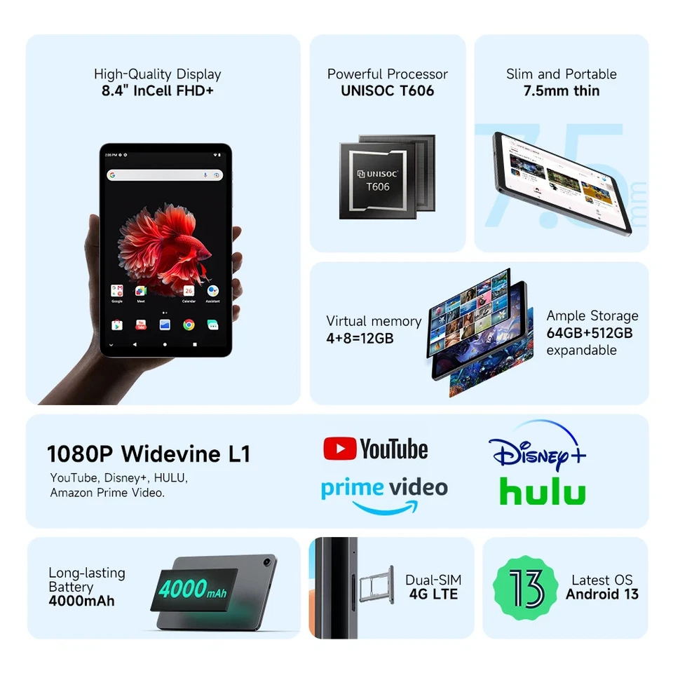 8.4 Inch Tablet PC 4+8GB RAM 64+512GB Storage 4G LTE Android 13 UNISOC T606 - Image 2 of 4