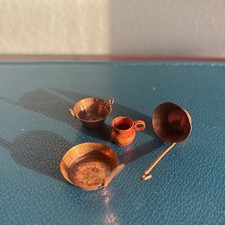 Vintage Miniature Copper Kitchen Set 4pc Dollhouse Frying Pan Pot Ladle Pitcher