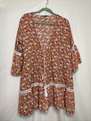 Coco and Carmen Swim Cover Up L/CL Floral Pink Yellow Decorative White Tied