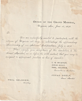 Virginia, Nevada (Invitation) office of the grand Marshall, Jonas Seely 1878
