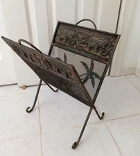 Vintage Mid Century Metal  Folding Magazine Rack Elephant Palm Tree Pattern