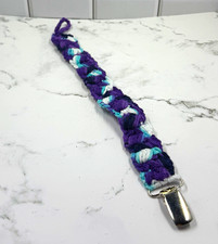 Handmade Crocheted Braided Pacifier Clip - Purple Blue White