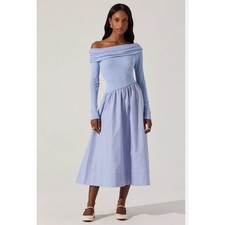 ASTR The Label Blue Off Shoulder Mixed Media Cotton Poplin Midi Dress M