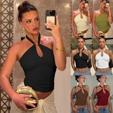 UK Ladies Halterneck Vest Tee Top Party Stretch Backless Shirts Cami Blouse Sexy
