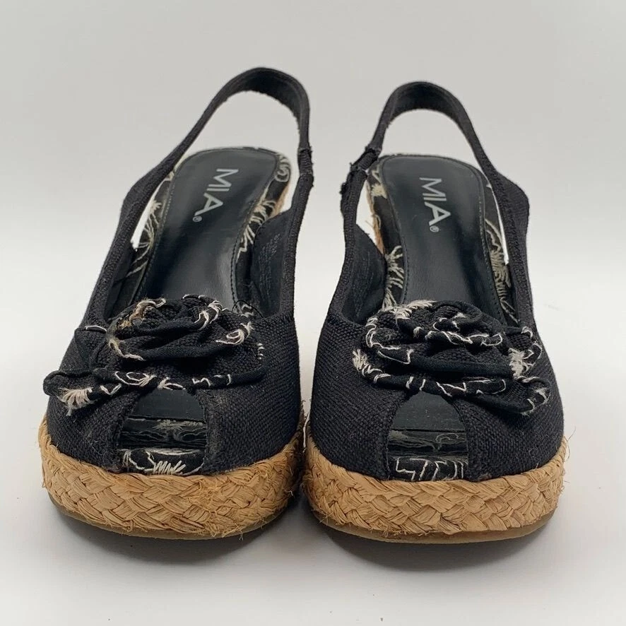 Zapatos informales negros con cuña MIA para mujer talla 8,5 M tela flor punta abierta Foto 4 de 4