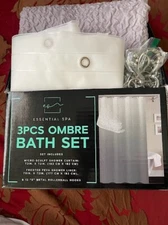 ESSENTIAL SPA 3 Pc Ombre Bath Set Waffle Shower Curtain Liner +11 Metal Hooks