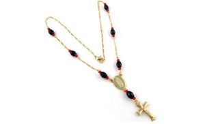 Authentic 18K Yellow Gold Plated 18" Diamond Cut Rosary Jesus Cross Multi Color Necklace