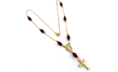 18K Yellow Gold Plated 18'' Diamond Cut Rosary Jesus Cross Multi Color Necklace