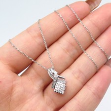 925 Sterling Silver Italy Real White Diamond Ribbon Rolo Chain Necklace 17"