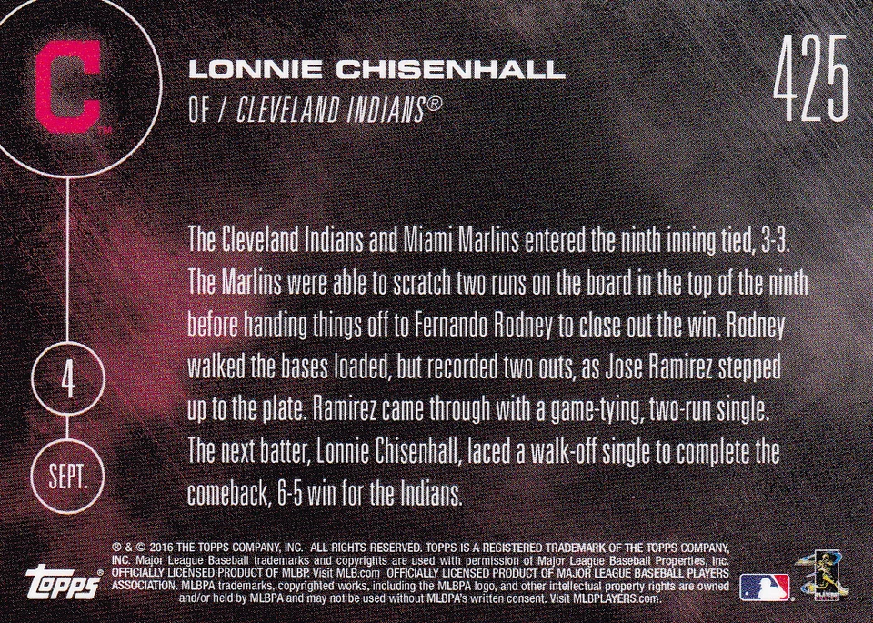 2016 Topps NOW 425 Lonnie Chisenhall Indians 4 de setembro APENAS 262 impresso RARO - Imagem 2 de 2
