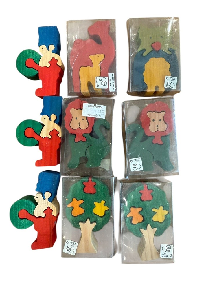 Dept 56 Wooden 9 Mini Puzzles 2.5 Inches Vtg lion tree drummer owl