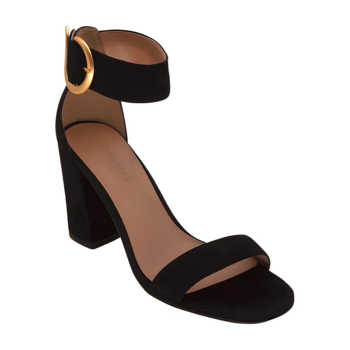 Black Leather Two Strap Heel with Ankle Strap and Gold Buckle Landon –  Aerosoles