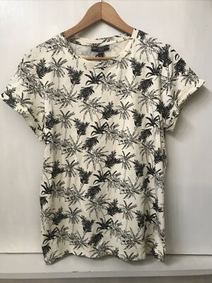 Brave Soul London Womens  Size M Palm Tree Print Roll Sleeves Cream  T-Shirt NWT