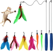 Cat Toys Feathers Wand, Interactive Cat Toy Kitten Toys 2 Retractable Cat Wand T