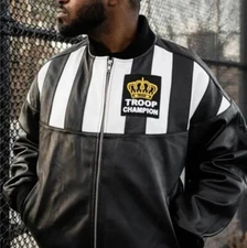 Men Champion Black/White Leather Troops Jacket