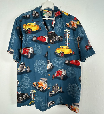 Paradise Found Men's Hawaiian Shirt Hot Rod Classic Car Aloha Blue Medium Casual