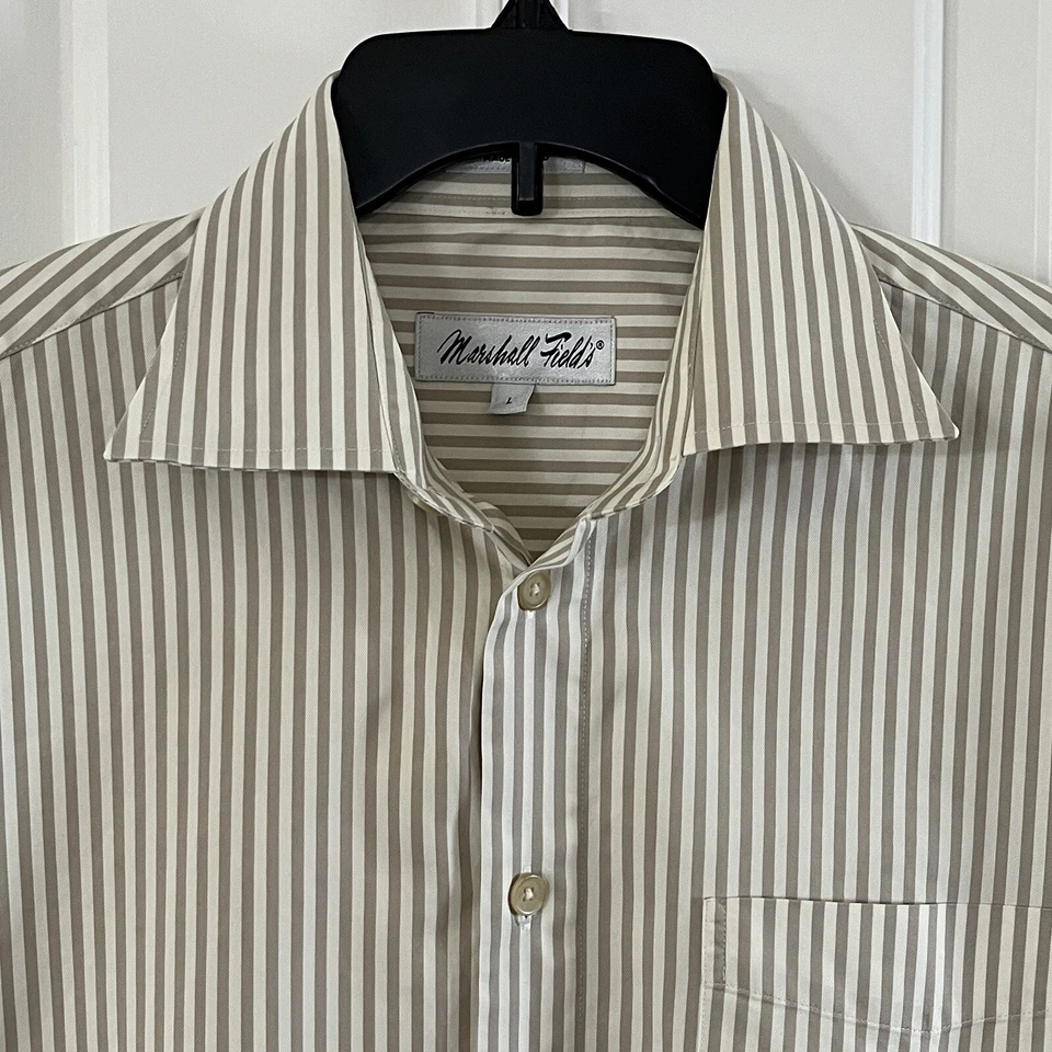 Camisa Marshall Field's Adulto Grande Beige Rayas Abotonada Manga Larga Para Hombre Foto 2 de 4