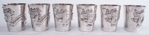 Antique Shot Glasses Meiji Export Dragon Barware Cups Japanese Silver - Afbeelding 1 van 7