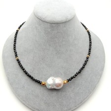 18" Natural 4mm Faceted Black Spinel White Keshi Pearl Necklace