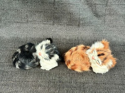 Vintage Lot of 2 Sleeping Cat Kitten w/Rabbit Fur Plush Small Stuffed Kitty 3.5''