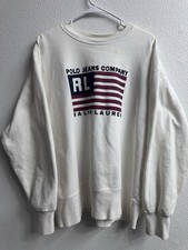 Vtg Polo Jeans Co Ralph Lauren Sweatshirt Men L White American Flag 90s Spellout