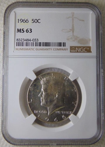 1966 Kennedy 50C Silver Half Dollar, NGC MS63, NICE COIN, SWEET!