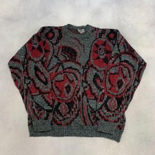 Vintage Abstract Knitted Jumper Patterned Grandad Knit Sweater Men's M