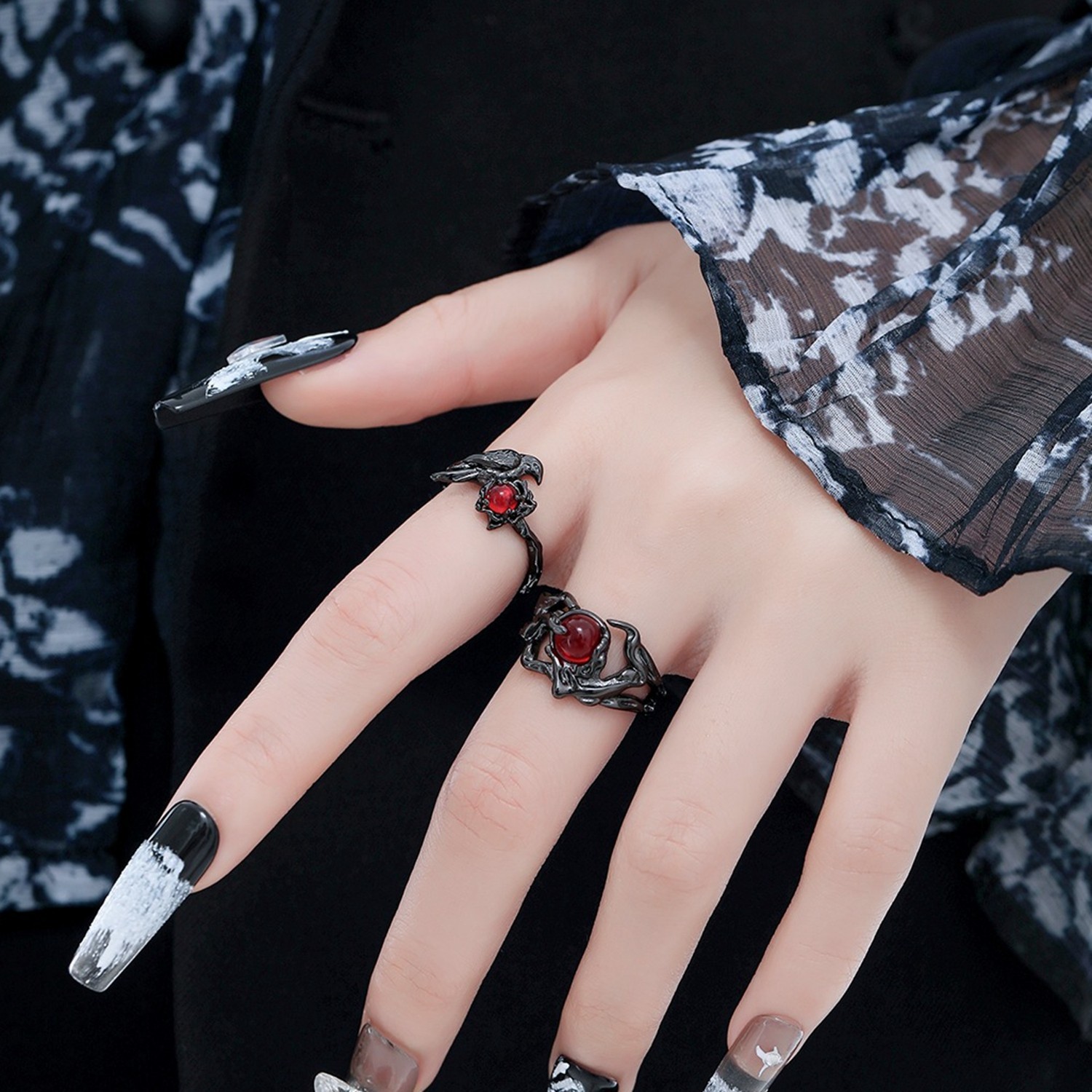 Black Tone Red Gemstone Open Ring, Gothic Adjustable Ring One Piece CO104