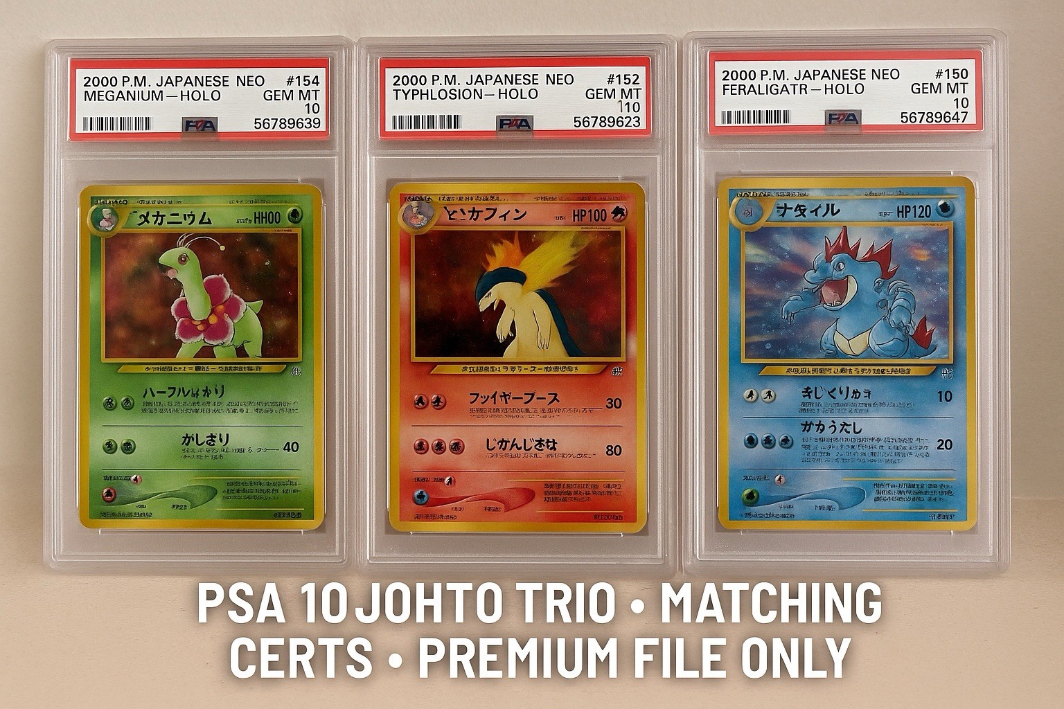 Certificado a juego PSA 10 Johto Trio Meganium Typhlosion Feraligatr Neo archivo premium