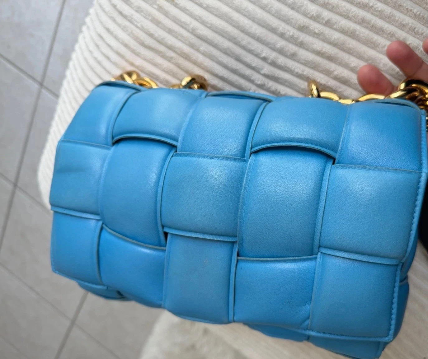 Bottega Veneta — Authentic Bottega Veneta Blue Padded Cassette Bag Gold Chain Aqua