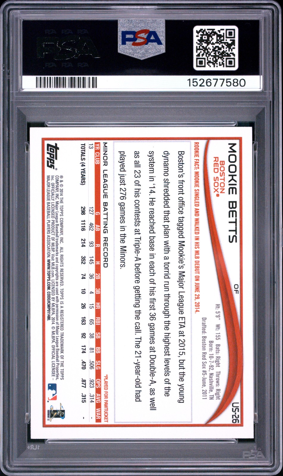2014 TOPPS UPDATE SMILING IN DUGOUT #US26 MOOKIE BETTS ROOKIE RC PSA 10 view 2