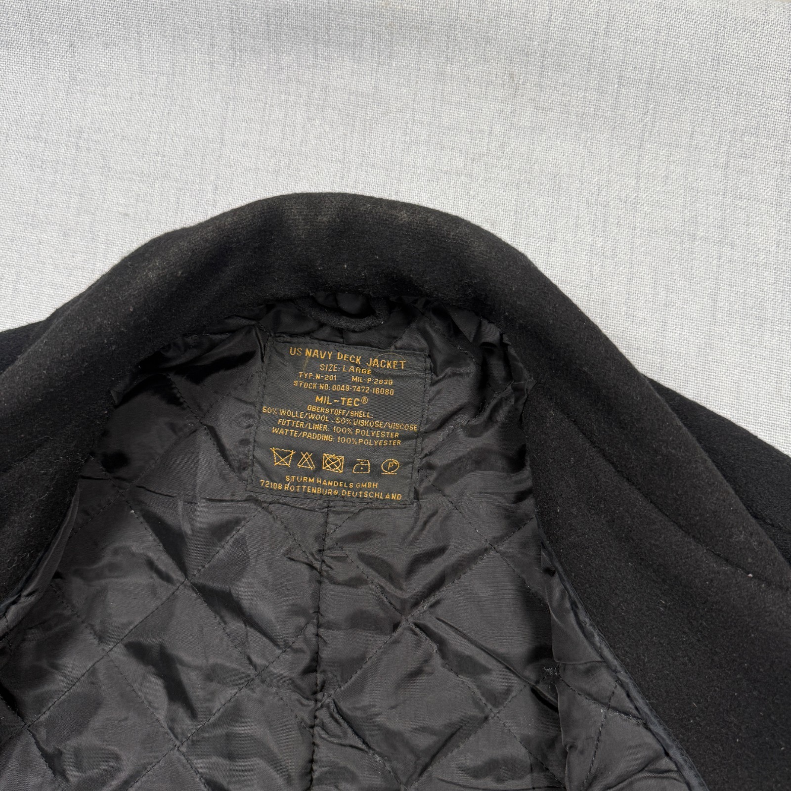 Mil-Tec US Navy Deck Jacket Black Wool Blend Peacoat Quilted Lined Size L Large