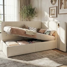 3FT Single Ottoman Bed, Boucle Upholstered Daybed L-shaped Sofa Bed with Storage