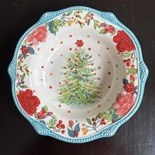 Pioneer Woman Cheerful Rose Christmas Tree Soup Salad Bowl 9" Teal Edge & Bottom