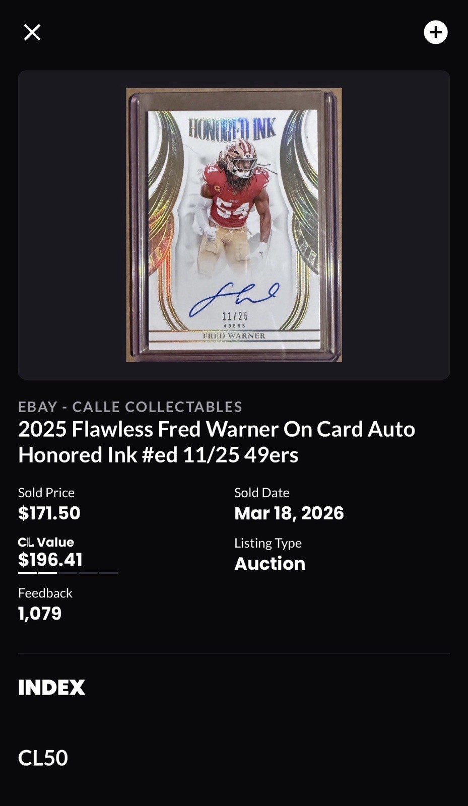 Fred Warner Auto /25 Honored Ink 2025 Panini Flawless Football No.hi-fwr 49ers view 3