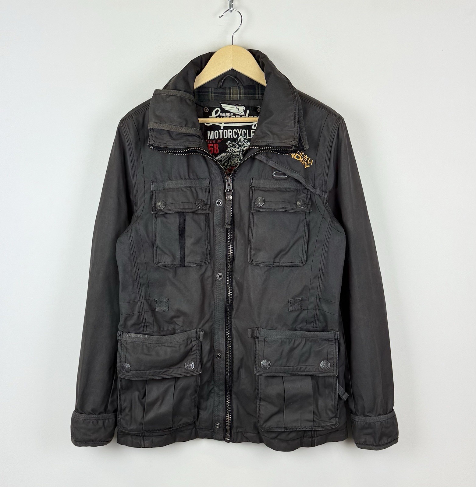 Superdry Black Hawk Waxed Cotton Jacket Men’s Size L Gray Biker Motorcycle Coat