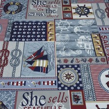 Tessuto tessuto decorativo marittimo navi a vela faro ancora blu grigio rosso...