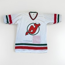 Vtg Sportswear Youth L White Green Mesh USA Made Shirt NHL New Jersey Devils