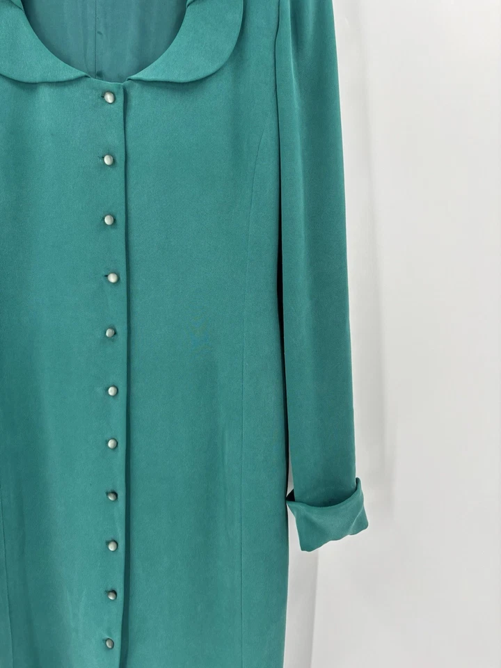 Dana Buchman Vintage Dress Womens 4 Teal Green Blue 100% Silk Button Front Midi - Image 2 of 4