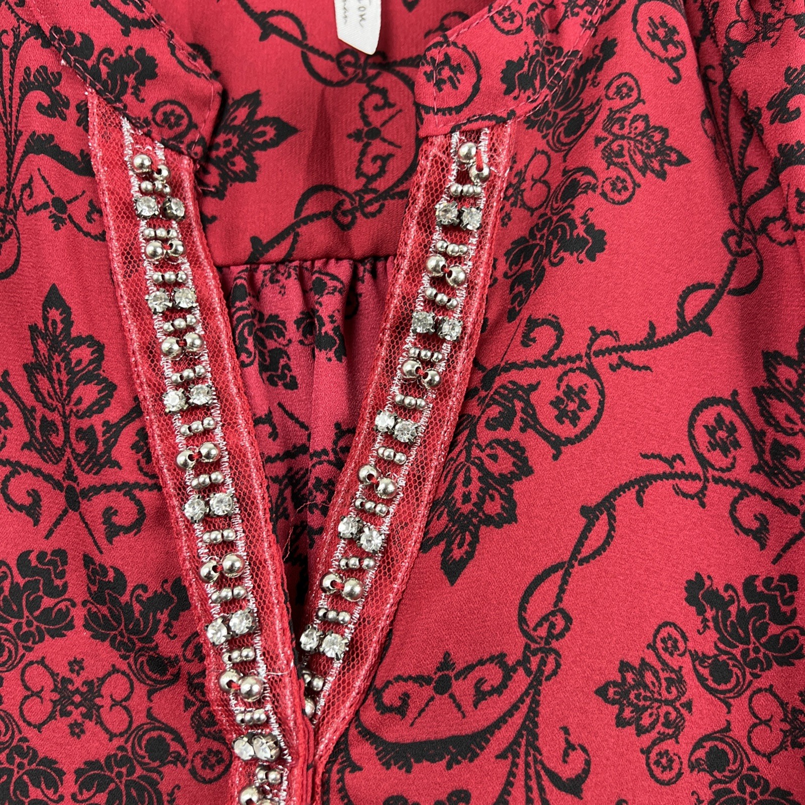 NY Collection Tunic Top blouse Womens 2X Red Black floral Beaded V Neck New