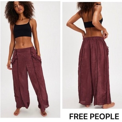 Free People Intimately Pretty Please Pants Small Crinkle Shiraz Purple NEW