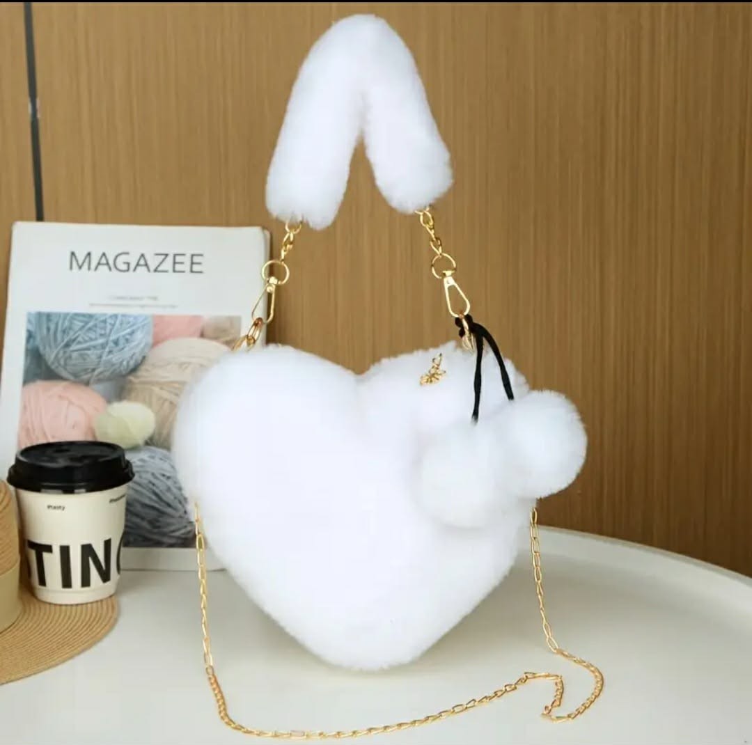 Cozy Faux Fur Heart Shaped Fluffy Bag with Gold Chain - White