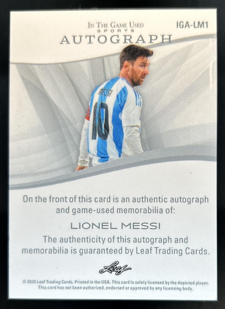 2025 Leaf In the Game Used Lionel Messi Jersey Auto Autograph Glitter Holo #/7 view 2